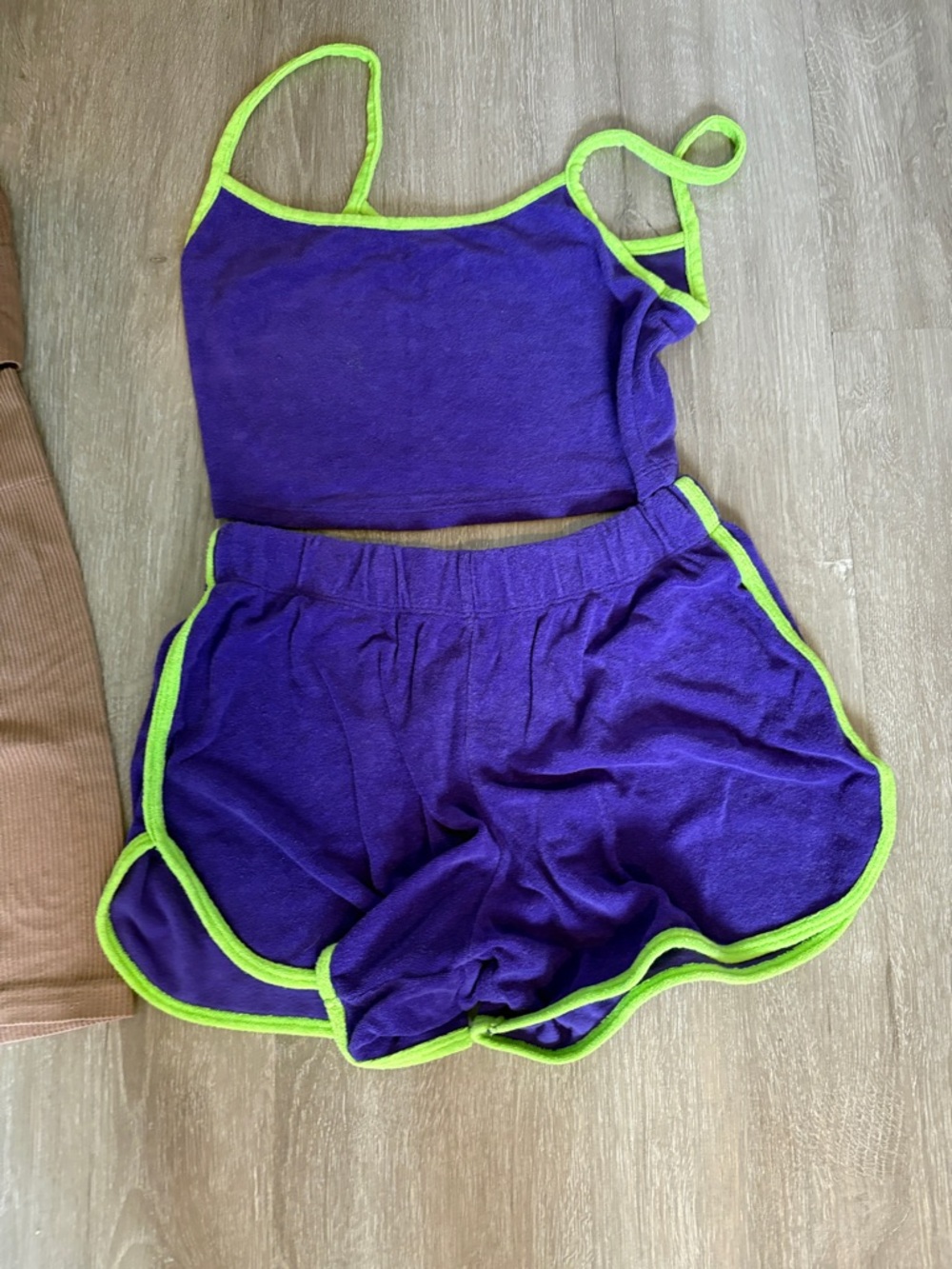 Vibrant Purple Terry Two-Piece Tank & Shorts Set with Neon Green Trim